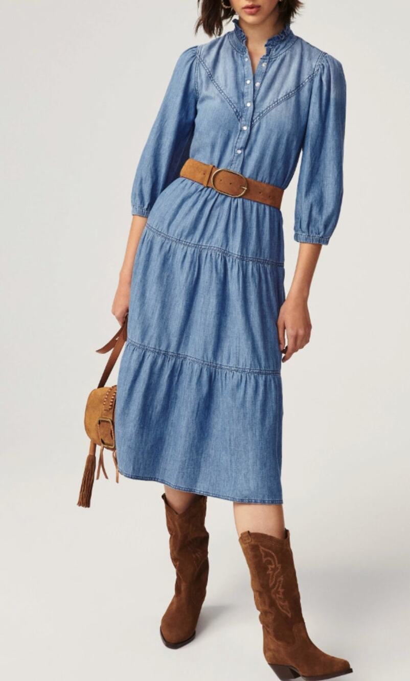 BA&SH Willow Blue Denim Midi Lady Shirt Dress Small- Western